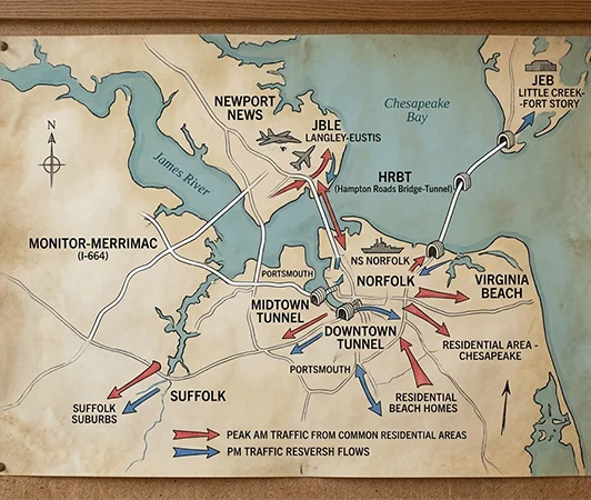 Hampton Roads bridge tunnels HRBT Monitor-Merrimac Midtown Downtown Tunnel Peninsula Southside military commute People First House Buyers