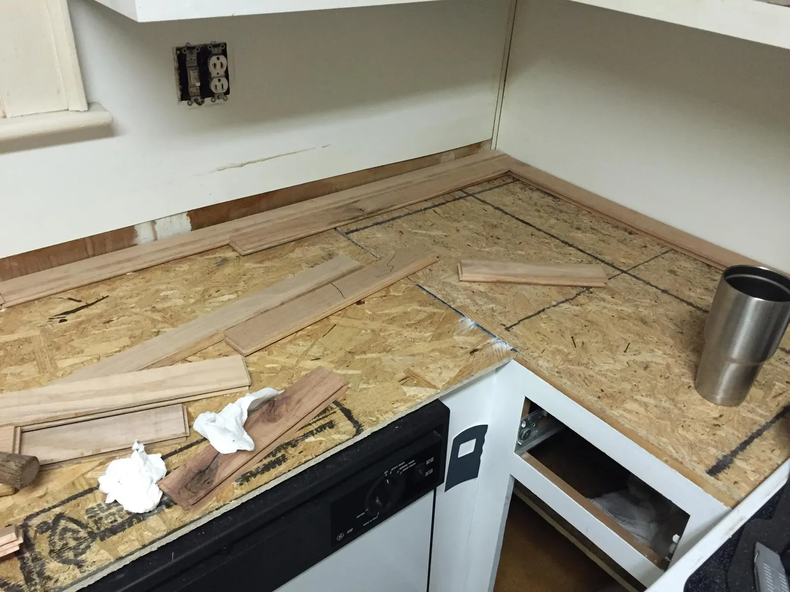 Kitchen countertop base before the oak went down