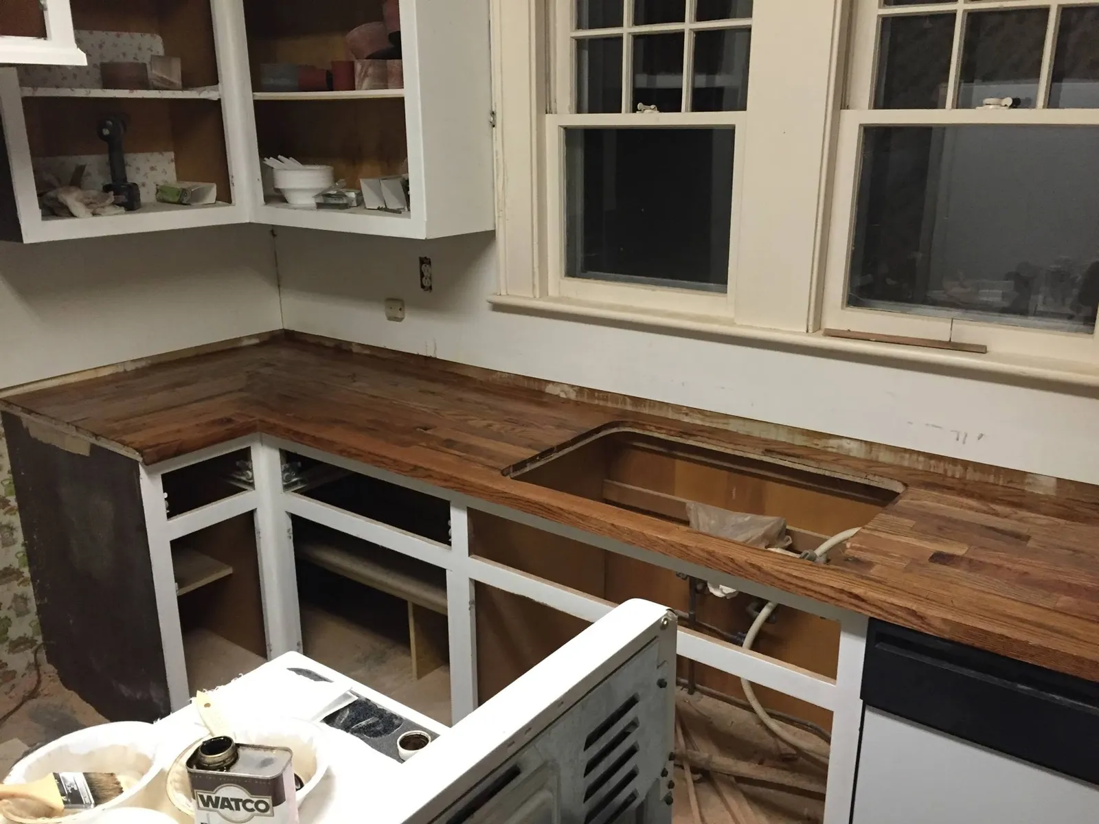 Finished kitchen countertops made from oak flooring